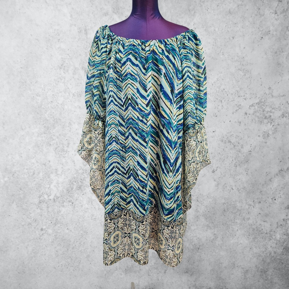 Vintage Cocomo Blue Chevron Mixed Print Off Shoulder Bell Sleeve Dress XL R10